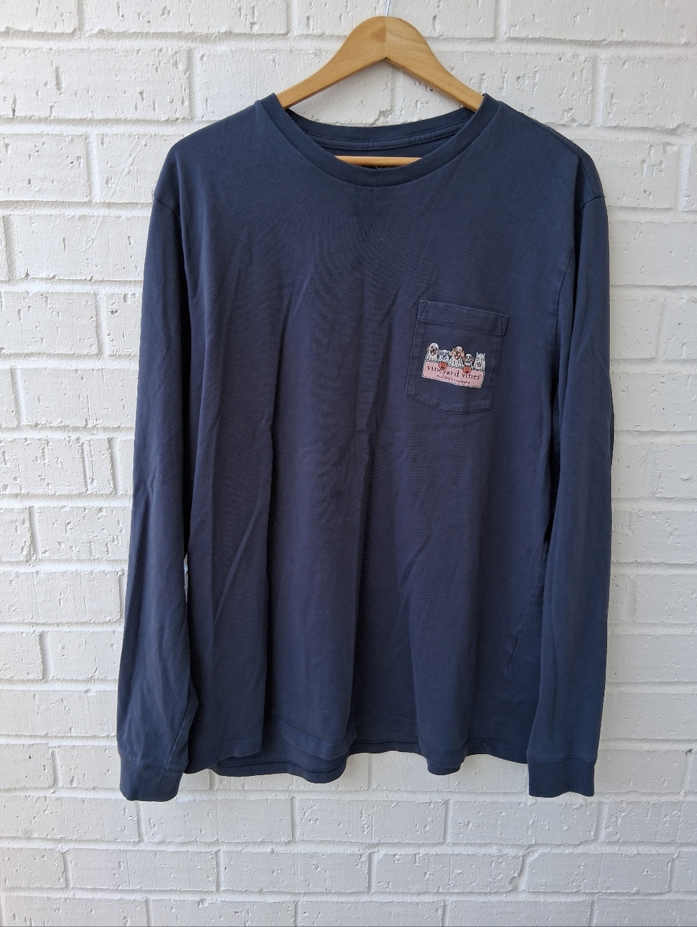 Vineyard Vines Navy Long Sleeve Pocket Tee with Dogs Print